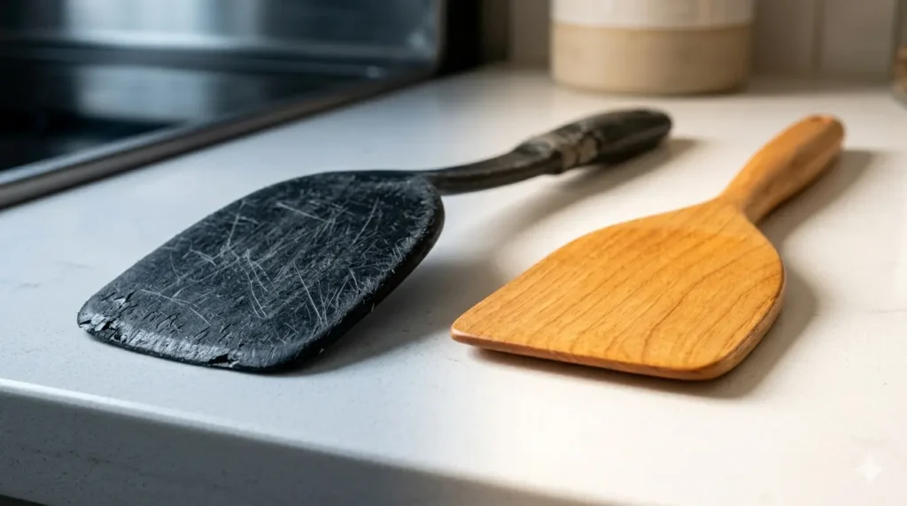 Maple wooden utensils next to a worn black plastic spatula showing chemical risk and surface degradation comparison