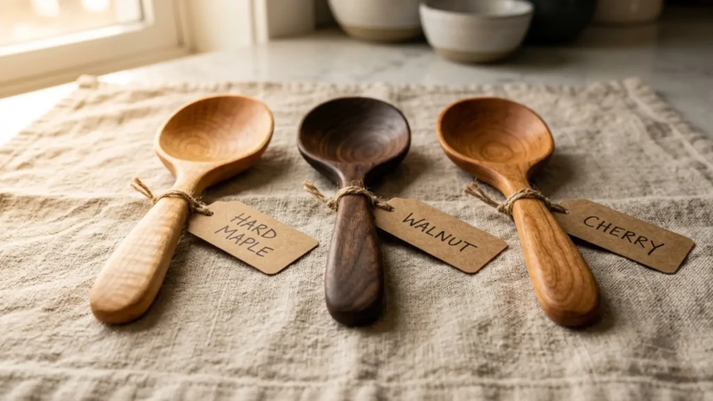 Maple wooden utensils compared side by side with walnut and cherry wood spoons showing grain and color differences