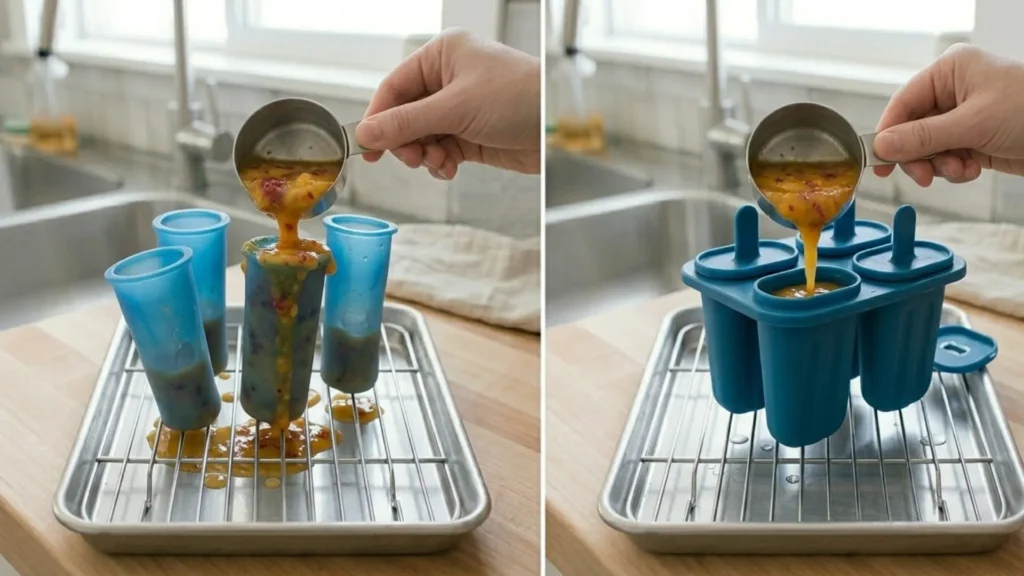 Popsicle molds test showing floppy silicone sleeves spilling during filling next to a more stable tray-supported design  