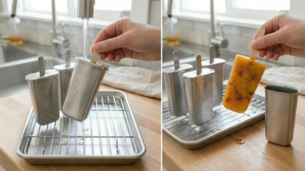 Popsicle molds in stainless steel being rinsed before release with an unmolded fruit pop on the counter  