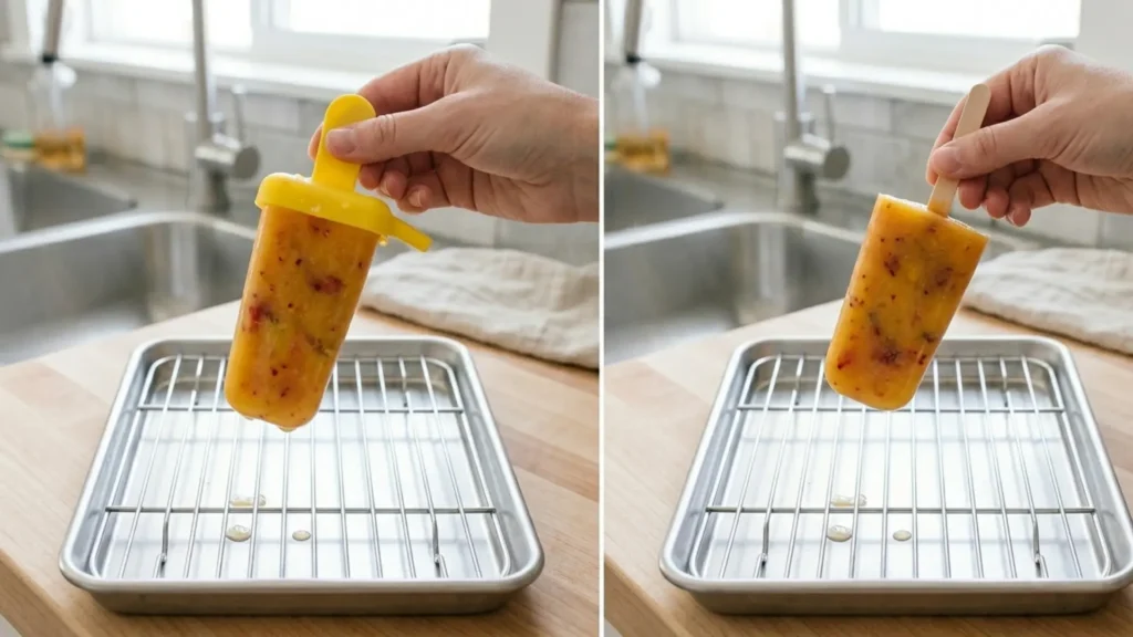 Popsicle molds comparison showing an off-center straight stick beside a centered T-bar handle with drip guard  
