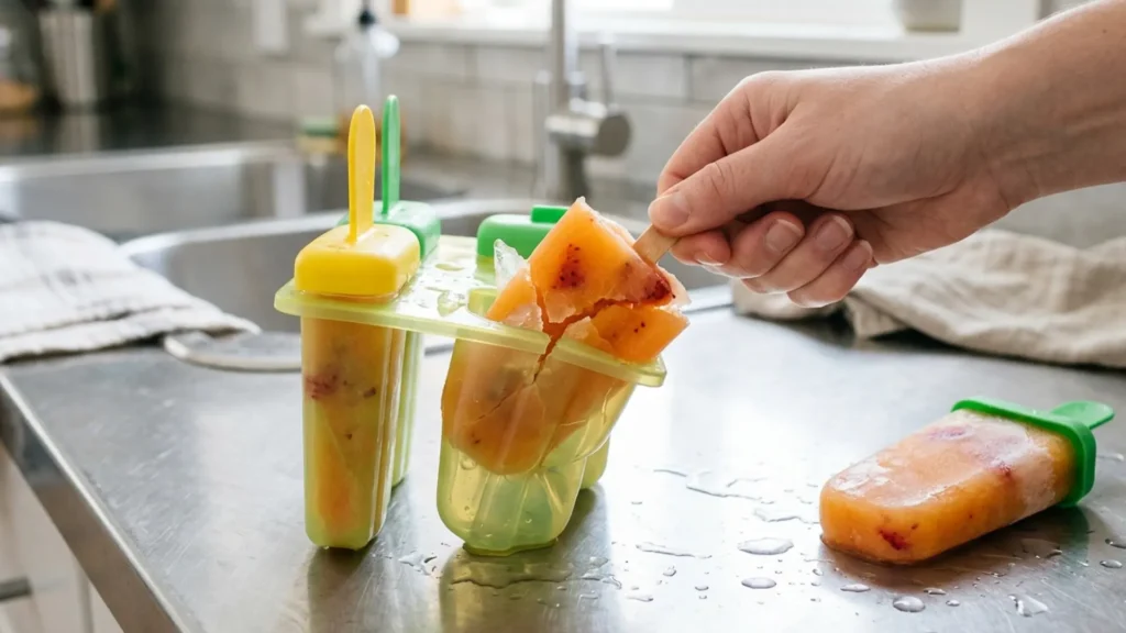 Popsicle molds comparison showing a cheap plastic mold failing during unmolding as the frozen fruit pop cracks  