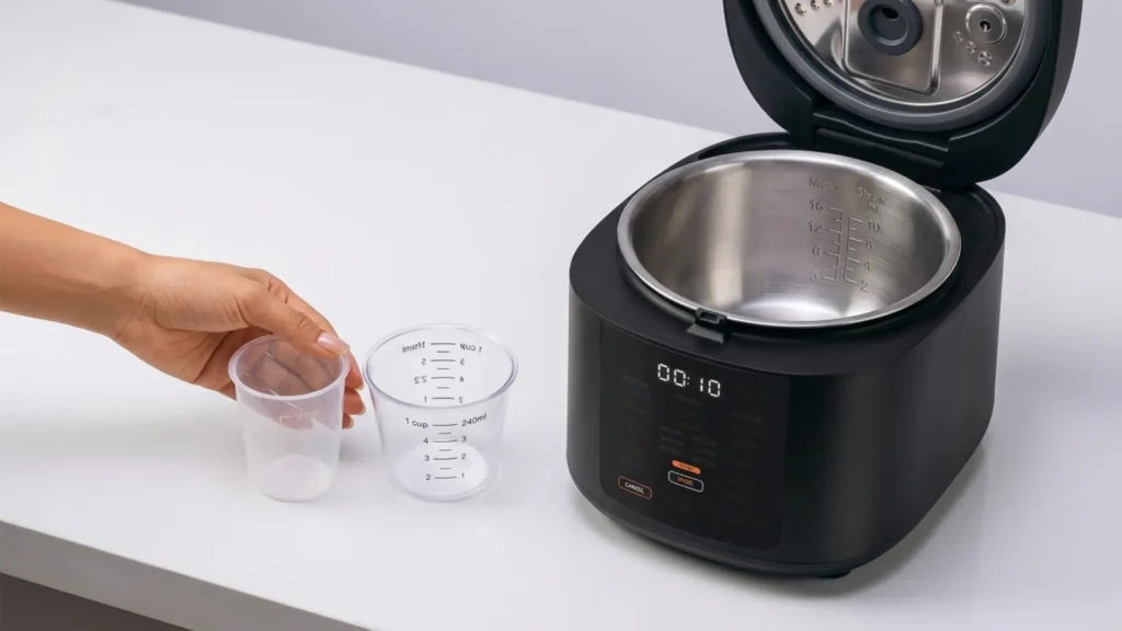 Rice cooker inner pot measurement markings alongside Japanese and US measuring cups showing capacity difference