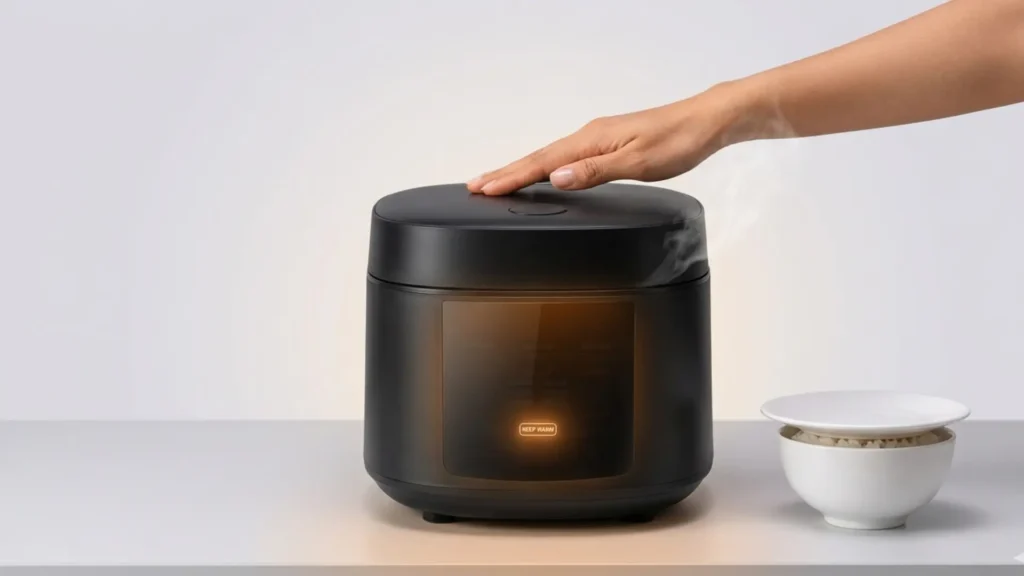 Rice cooker in keep-warm mode with steam rising from vent and a bowl of warm cooked rice beside it on a kitchen counter