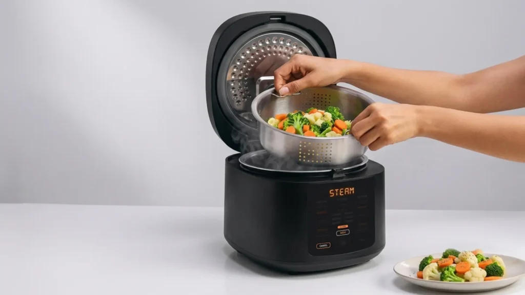 Rice cooker with stainless steel steamer basket filled with broccoli, carrots, and cauliflower being lowered into the open pot