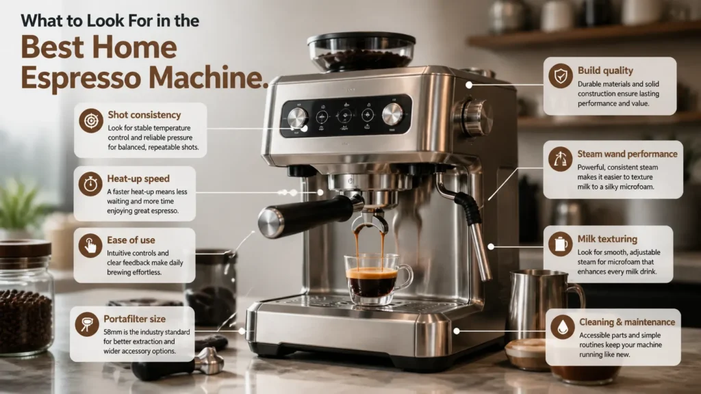 Home espresso machine buyer’s guide infographic showing key features like shot consistency, heat-up speed, steam wand performance, and ease of cleaning.