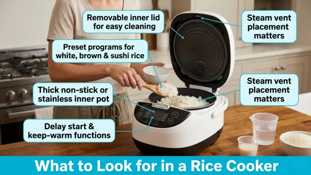 Woman scooping rice from an open rice cooker with annotated callouts highlighting key buying features including inner pot, presets, keep-warm, and removable lid