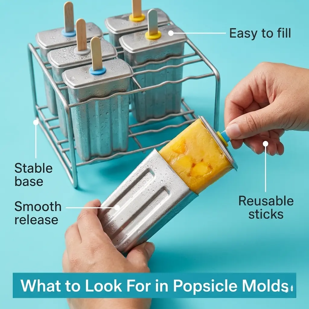 What to look for in popsicle molds graphic showing easy filling, stable base, smooth release, and reusable sticks  