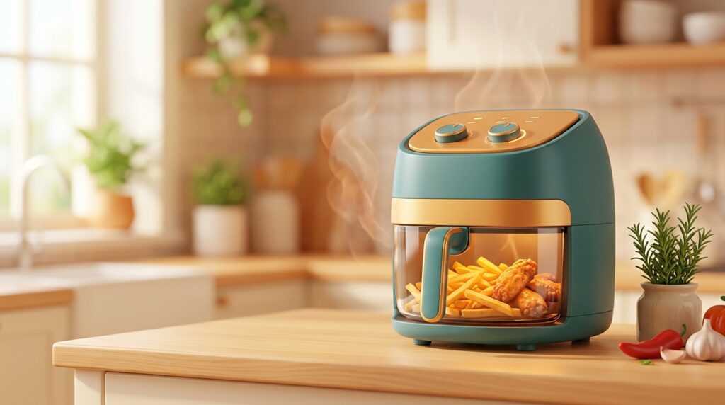 Illustration of a countertop glass air fryer with golden fries and chicken wings visible through the clear window