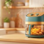 Illustration of a countertop glass air fryer with golden fries and chicken wings visible through the clear window